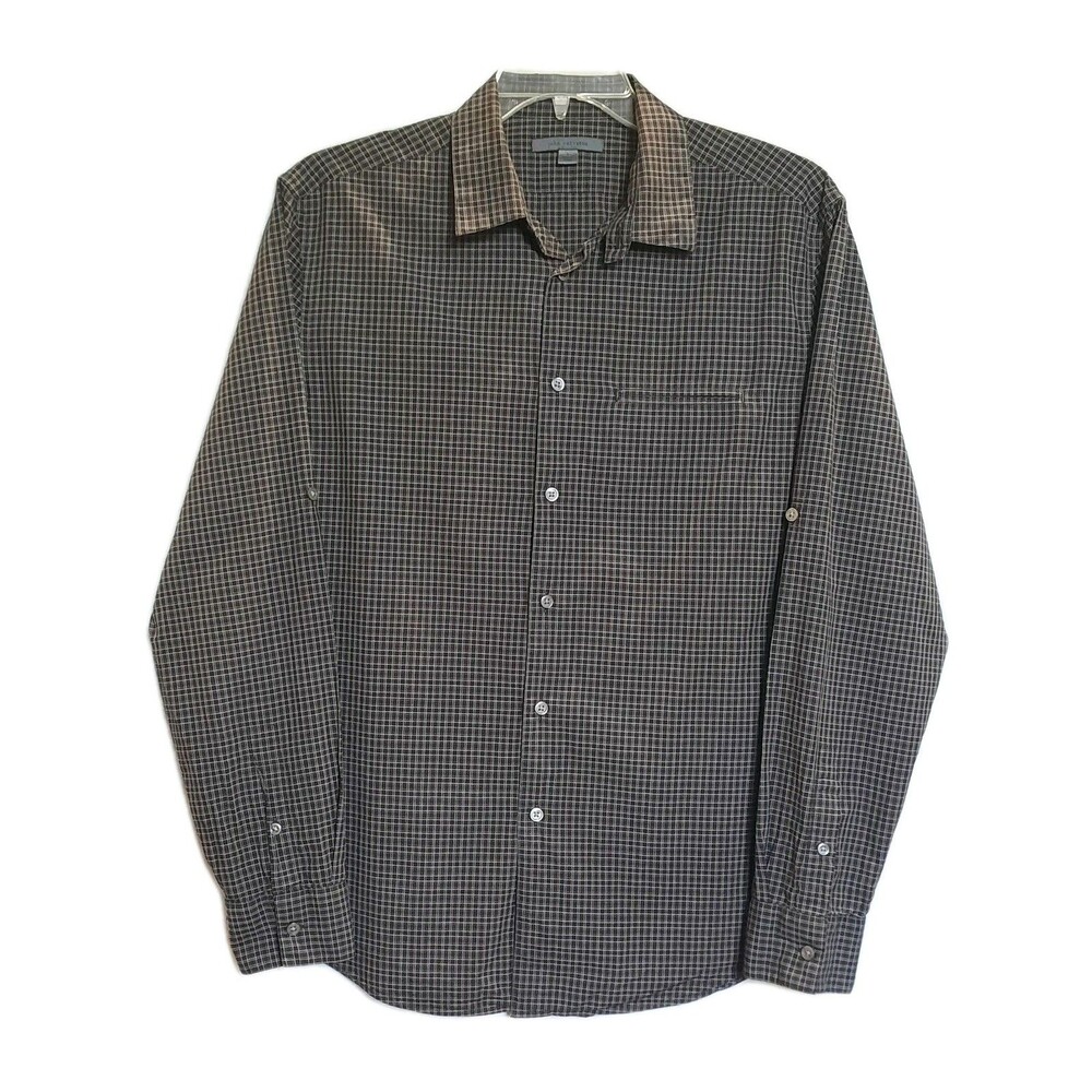 John Varvatos Men's Roll Tab Sleeve Shirt Plaid Micro Check Gray Brown Black L